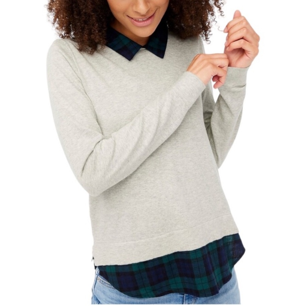 J. Crew Tartan Plaid Woven Collar Gray Academia Sweater Plus Size 2X
